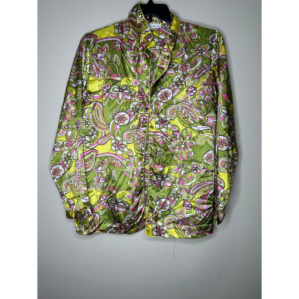 Women’s XL Chanteuse Silky Long Sleeve Button-Up Pajama Top Green Pink Floral